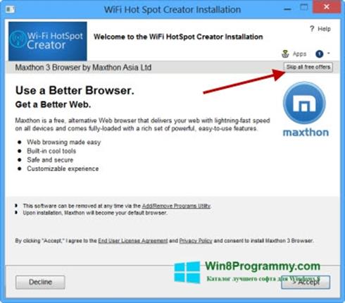 Скриншот программы Wi-Fi HotSpot Creator для Windows 8