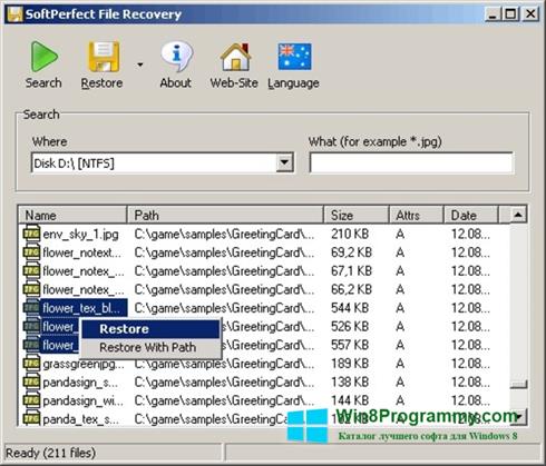 Скриншот программы SoftPerfect File Recovery для Windows 8